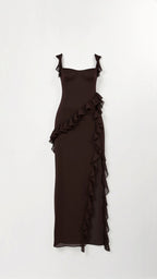 Asha | Women's Maxi Dress with Ruffled Neckline, Front Slit Evening Dress | Direct Attire
