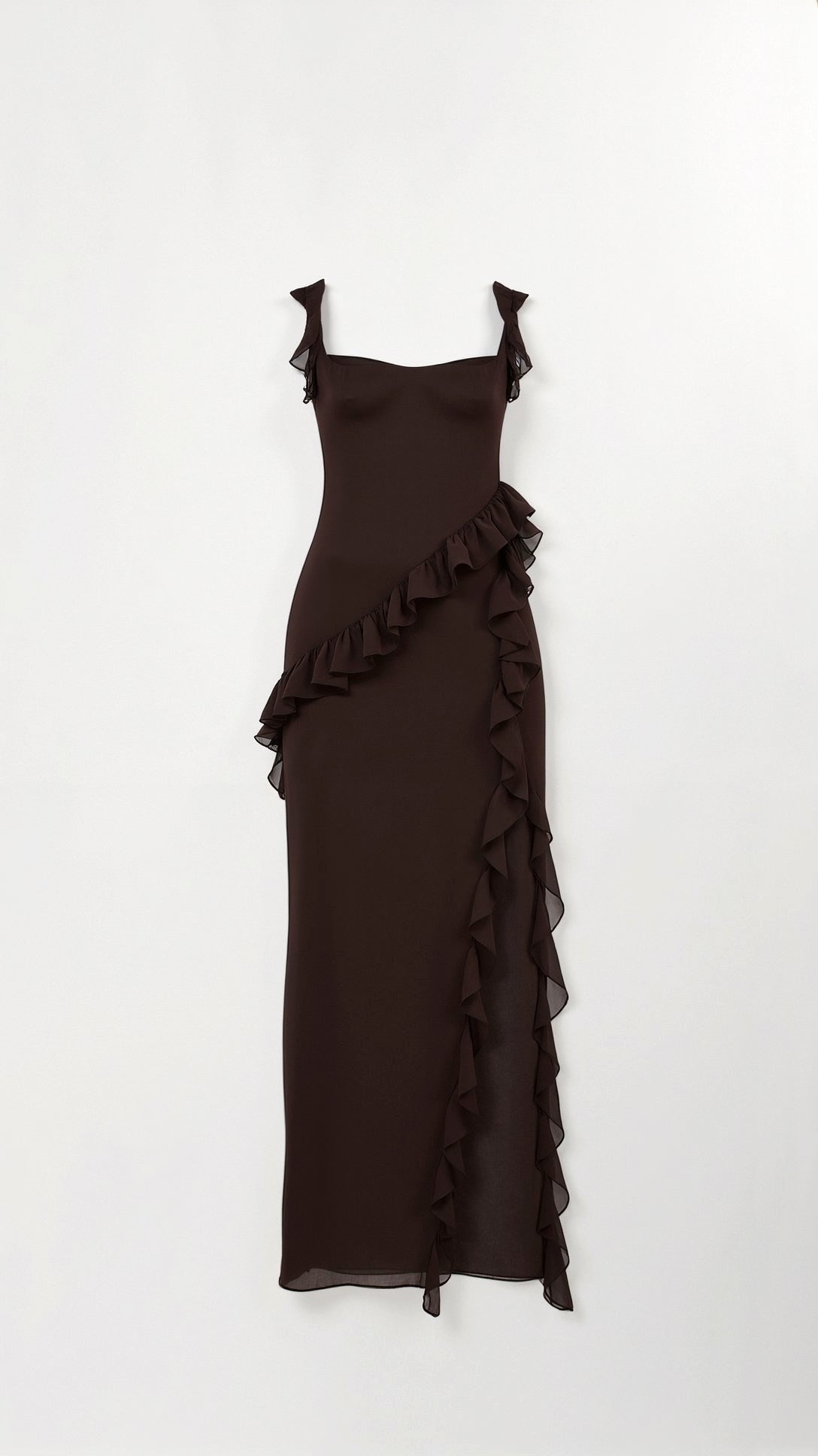 Asha | Women's Maxi Dress with Ruffled Neckline, Front Slit Evening Dress | Direct Attire