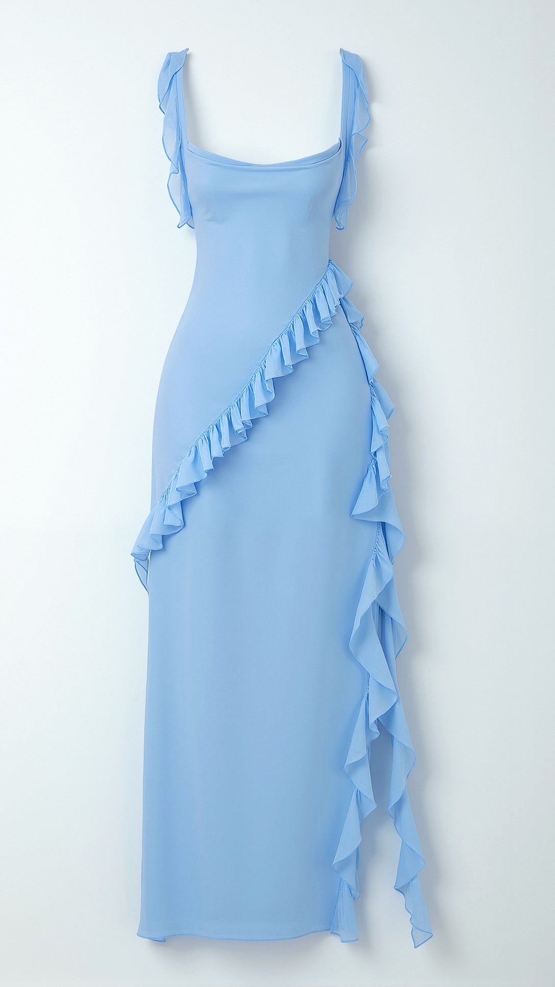 Asha | Women's Maxi Dress with Ruffled Neckline, Front Slit Evening Dress | Direct Attire