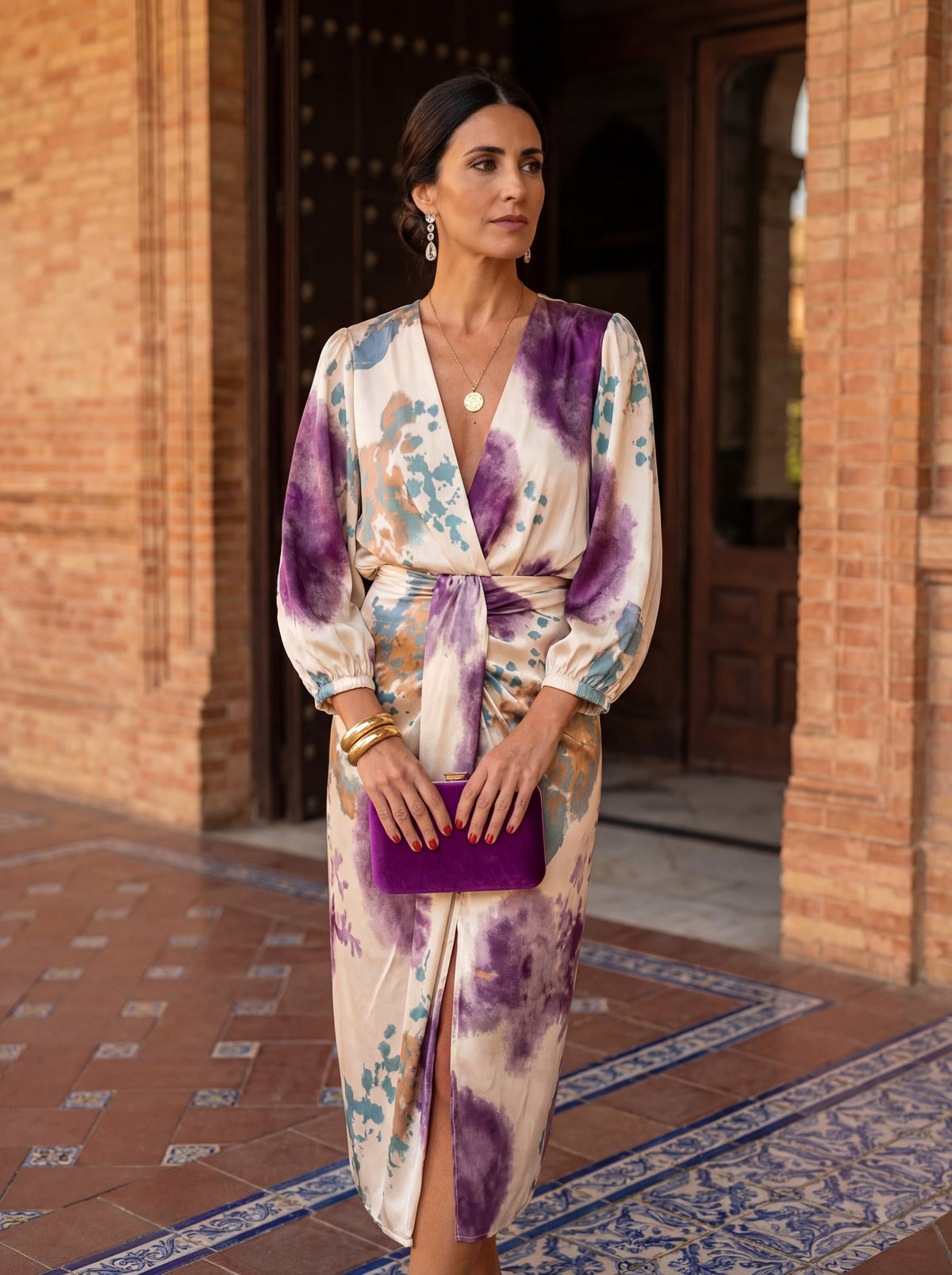 Ashleigh | Women's V-Neck Midi Dress with Belt, Flowing Wrap Midi Dress | Direct Attire