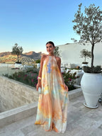 Aubree | Women's Watercolor Floral Halter Maxi Dress, Lightweight Summer Dress for Holidays and Resort Wear, Lightweight Summer Dress for Holidays and Resort Wear - Orange