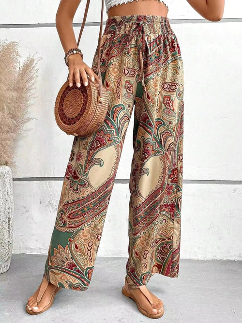 Avery | Women's Vintage Printed Wide-Leg Trousers, Comfortable Summer Trousers for Travel and Everyday Wear - Khaki
