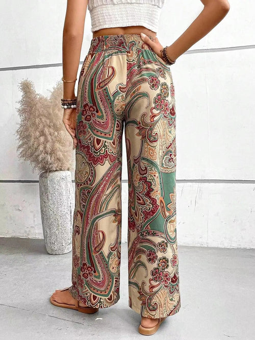 Avery | Women's Vintage Printed Wide-Leg Trousers, Comfortable Summer Trousers for Travel and Everyday Wear - Navy Blue