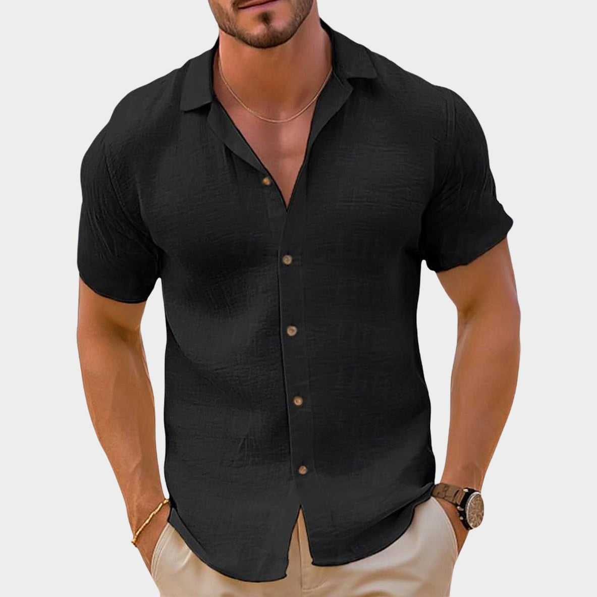 Bailey | Men's Linen-Blend Woven Shirt, Short-Sleeve Button Shirt | Direct Attire | Black
