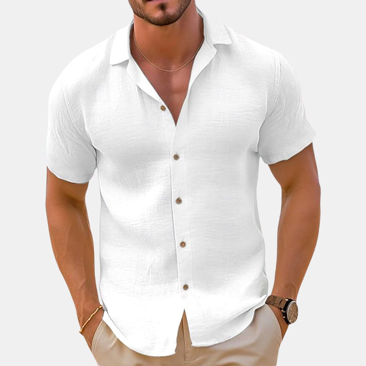 Bailey | Men's Linen-Blend Woven Shirt, Short-Sleeve Button Shirt | Direct Attire | White