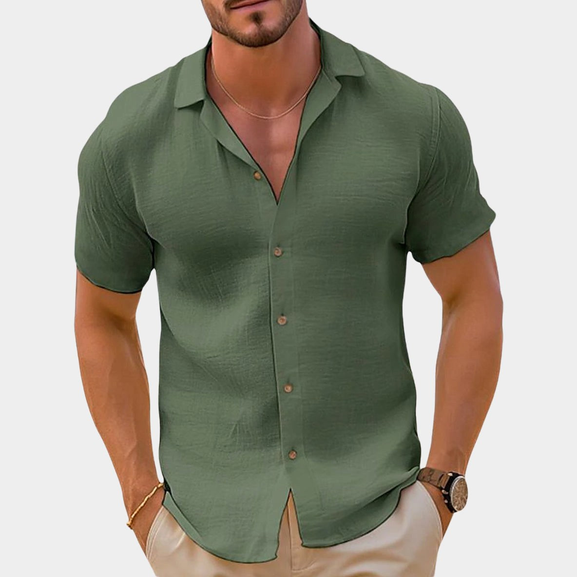 Bailey | Men's Linen-Blend Woven Shirt, Short-Sleeve Button Shirt | Direct Attire | Green
