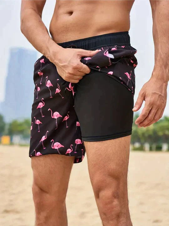 Bailey | Men's Tropical Print Swim Shorts, Drawstring Mid-Thigh Shorts | Direct Attire | Black flamingo