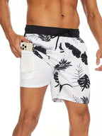 Bailey | Men's Tropical Print Swim Shorts, Drawstring Mid-Thigh Shorts | Direct Attire | Monochrome flora