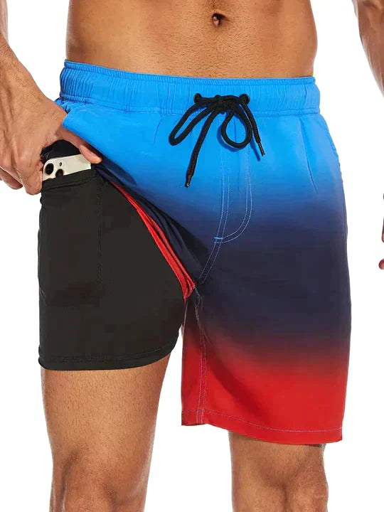 Bailey | Men's Tropical Print Swim Shorts, Drawstring Mid-Thigh Shorts | Direct Attire | Sunset Glow