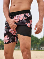 Bailey | Men's Tropical Print Swim Shorts, Drawstring Mid-Thigh Shorts | Direct Attire | Black orange tide