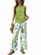 Bec | Women's Sleeveless Fluid Two-Piece Set, Wide-Leg Printed Lounge Set | Direct Attire | Geelgroen
