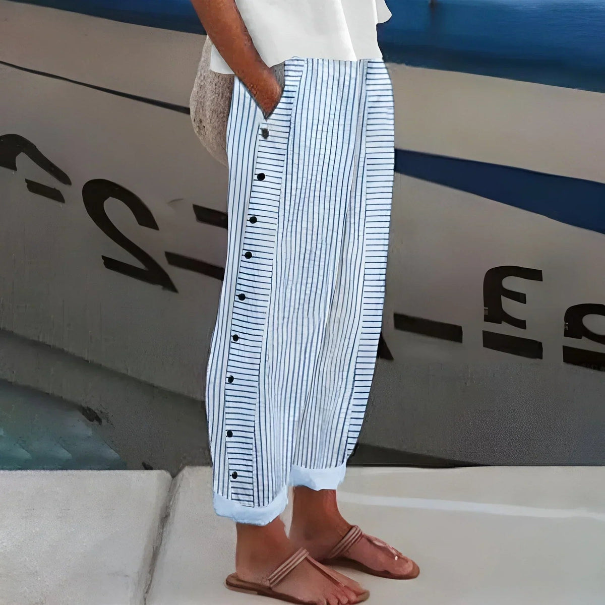 Bianca | Women's Lightweight Stripe Trousers, Relaxed Elastic Waist Trousers | Direct Attire | Blue