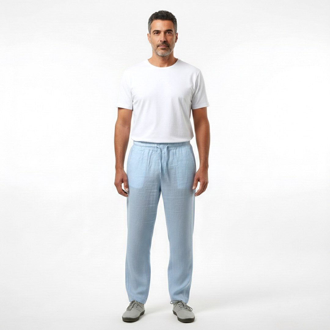 Brett | Men's Linen Trousers with Elastic Waist, Straight-Leg Trousers | Direct Attire | Azul Claro