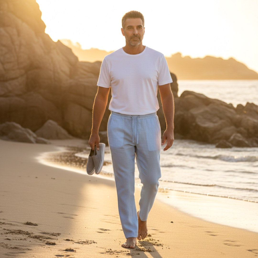 Brett | Men's Linen Trousers with Elastic Waist, Straight-Leg Trousers | Direct Attire | Negro