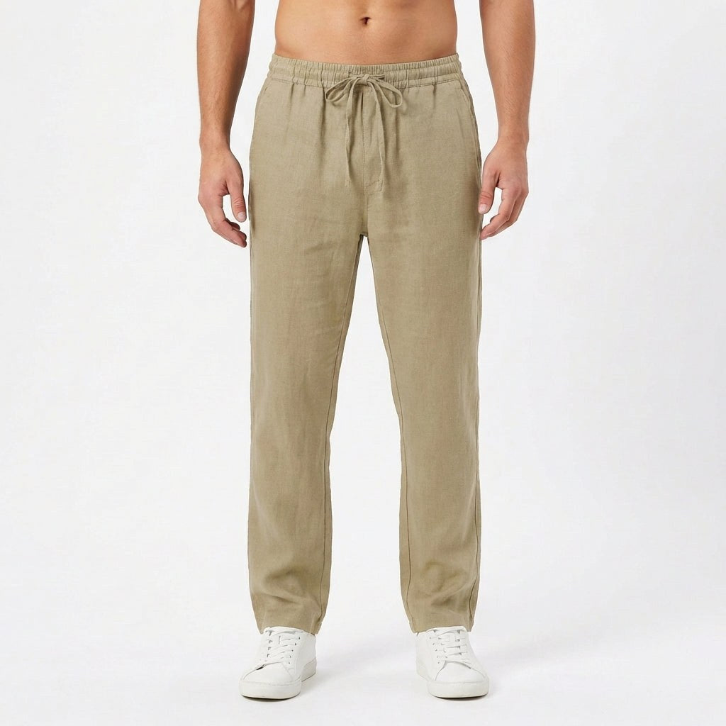 Brett | Men's Linen Trousers with Elastic Waist, Straight-Leg Trousers | Direct Attire | Blanco
