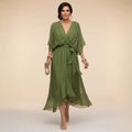 Brianna | Women's Midi Dress with V-Neckline and Adjustable Waist, Flowing Midi Dress | Direct Attire | Verde