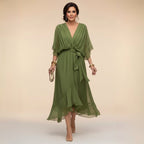 Brianna | Women's Midi Dress with V-Neckline and Adjustable Waist, Flowing Midi Dress | Direct Attire | Verde