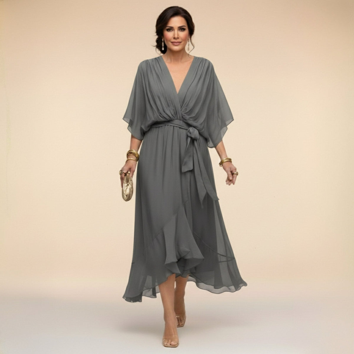 Brianna | Women's Midi Dress with V-Neckline and Adjustable Waist, Flowing Midi Dress | Direct Attire