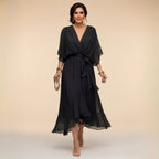 Brianna | Women's Midi Dress with V-Neckline and Adjustable Waist, Flowing Midi Dress | Direct Attire | Negro