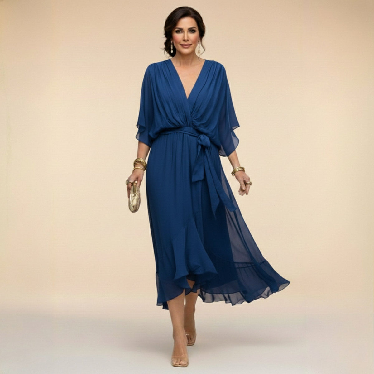 Brianna | Women's Midi Dress with V-Neckline and Adjustable Waist, Flowing Midi Dress | Direct Attire | Azul
