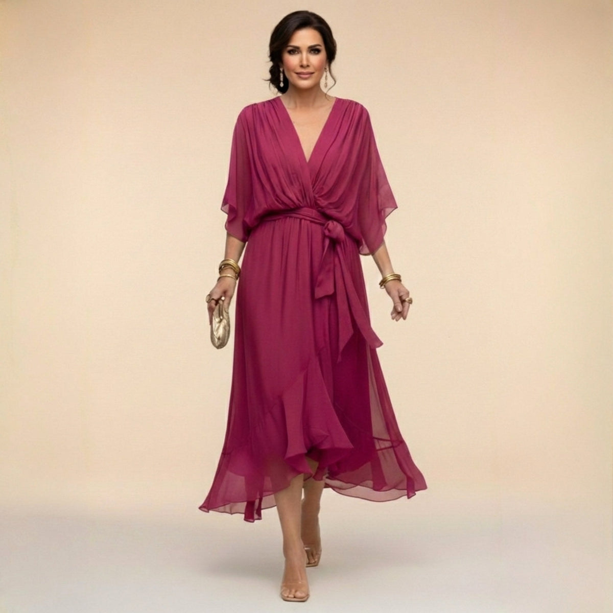 Brianna | Women's Midi Dress with V-Neckline and Adjustable Waist, Flowing Midi Dress | Direct Attire | Púrpura oscuro