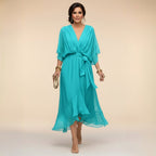 Brianna | Women's Midi Dress with V-Neckline and Adjustable Waist, Flowing Midi Dress | Direct Attire | Azul marino