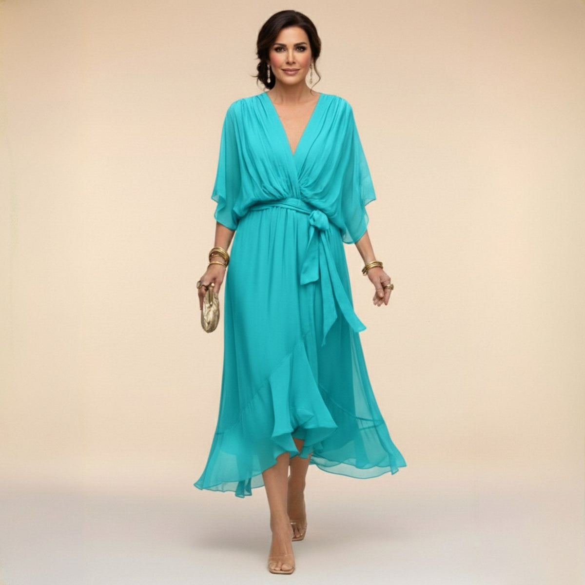 Brianna | Women's Midi Dress with V-Neckline and Adjustable Waist, Flowing Midi Dress | Direct Attire | Azul marino