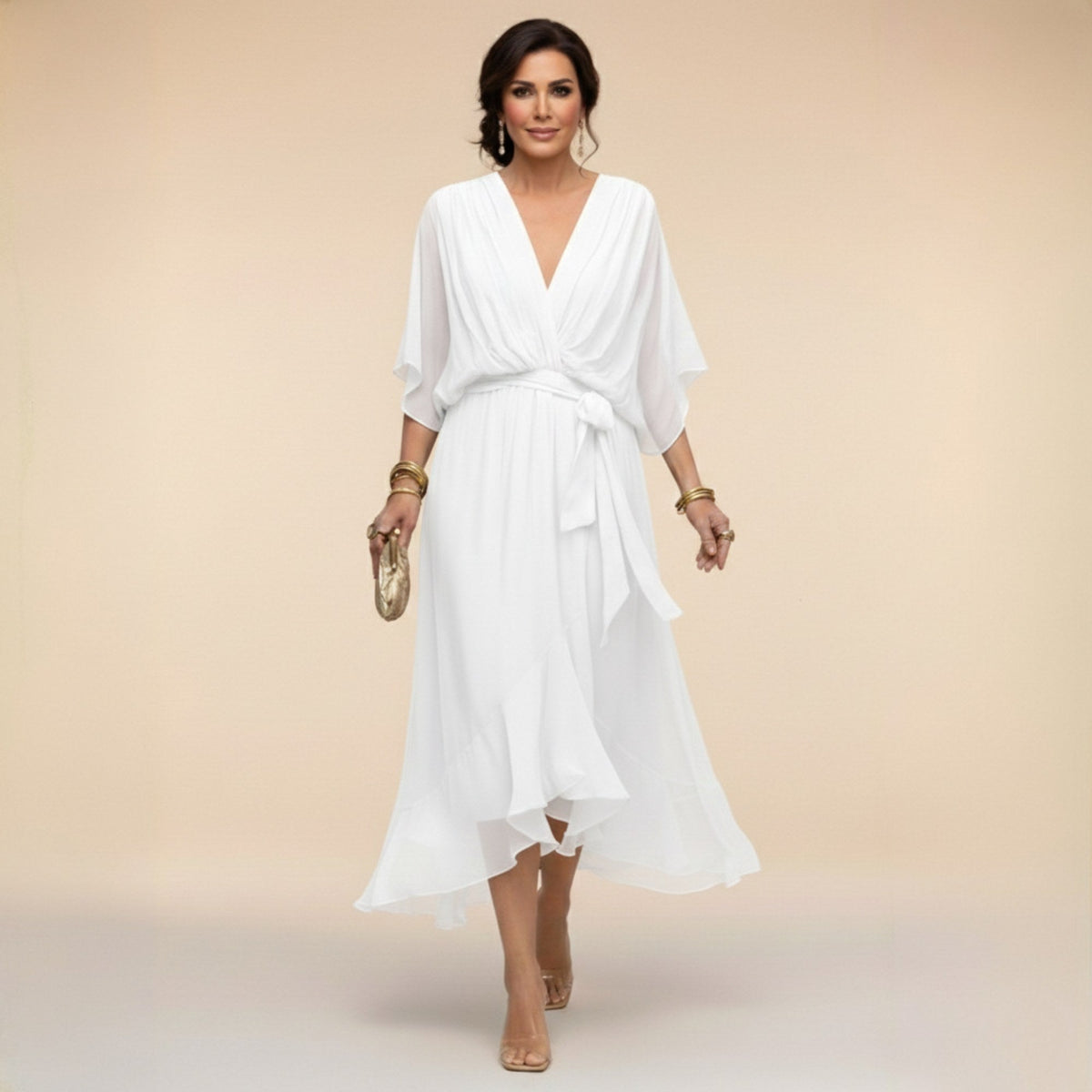 Brianna | Women's Midi Dress with V-Neckline and Adjustable Waist, Flowing Midi Dress | Direct Attire | Gris