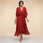 Brianna | Women's Midi Dress with V-Neckline and Adjustable Waist, Flowing Midi Dress | Direct Attire | Blanco