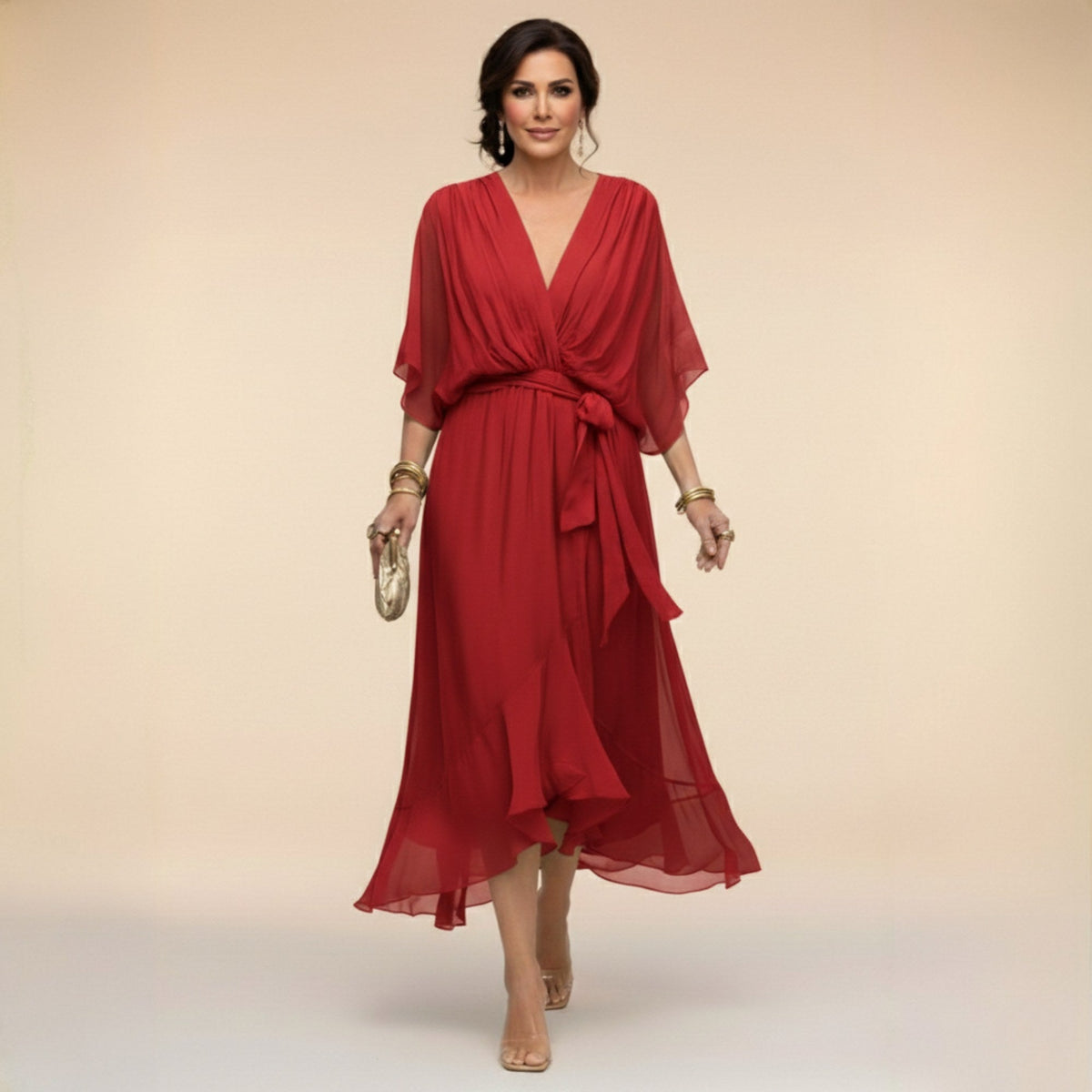 Brianna | Women's Midi Dress with V-Neckline and Adjustable Waist, Flowing Midi Dress | Direct Attire | Blanco