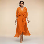 Brianna | Women's Midi Dress with V-Neckline and Adjustable Waist, Flowing Midi Dress | Direct Attire | Púrpura