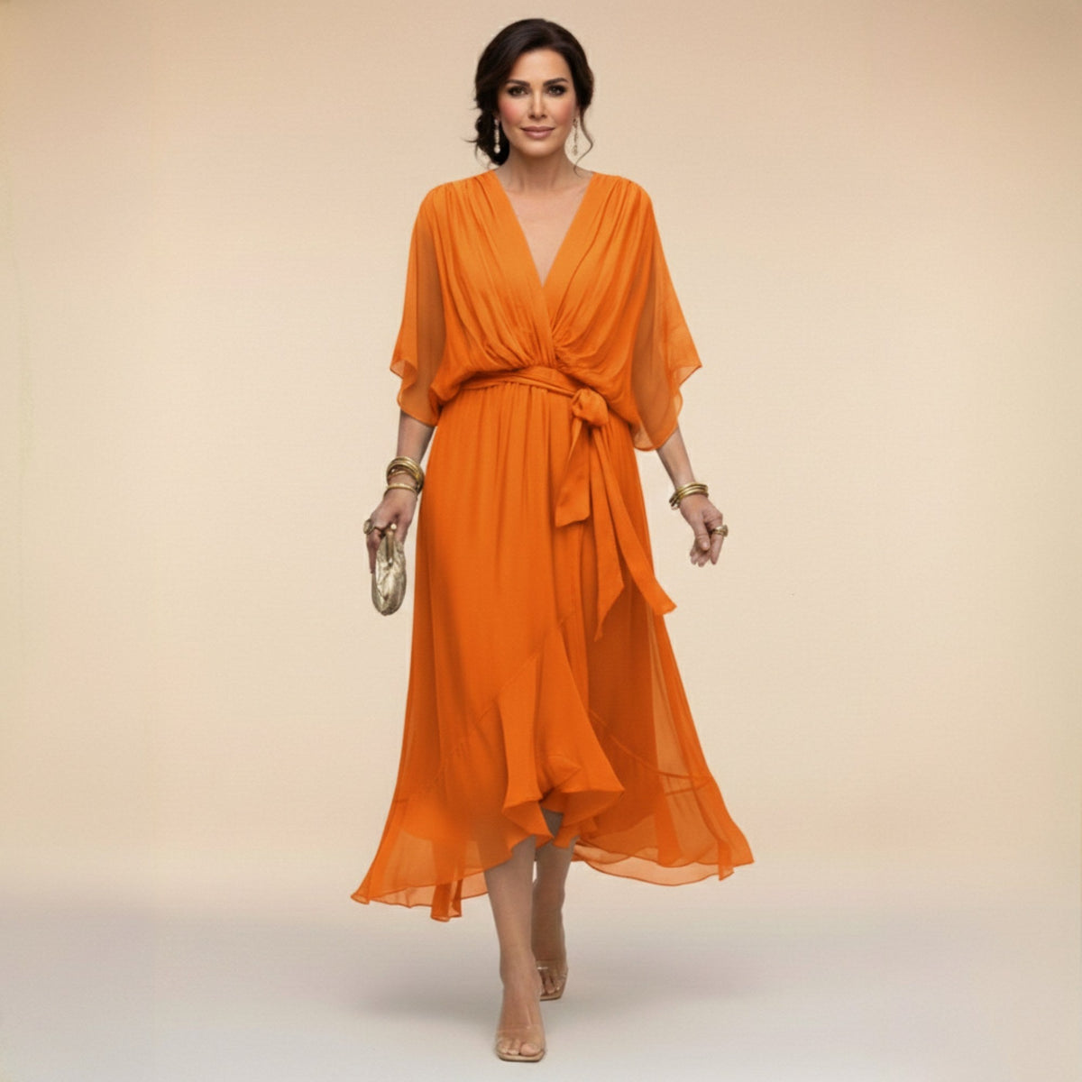Brianna | Women's Midi Dress with V-Neckline and Adjustable Waist, Flowing Midi Dress | Direct Attire | Púrpura