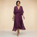 Brianna | Women's Midi Dress with V-Neckline and Adjustable Waist, Flowing Midi Dress | Direct Attire | Rojo