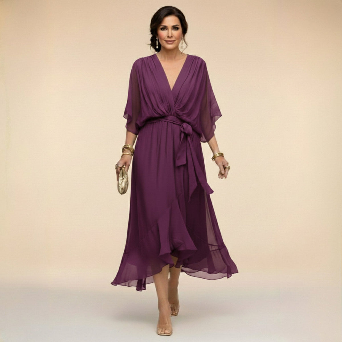 Brianna | Women's Midi Dress with V-Neckline and Adjustable Waist, Flowing Midi Dress | Direct Attire | Rojo