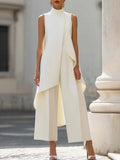 Brooke | Women's High-Neck Asymmetric Top Two-Piece Set, Wide-Leg Trouser Suit | Direct Attire | Blanco