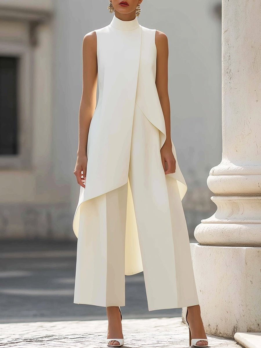 Brooke | Women's High-Neck Asymmetric Top Two-Piece Set, Wide-Leg Trouser Suit | Direct Attire | Blanco