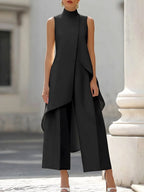 Brooke | Women's High-Neck Asymmetric Top Two-Piece Set, Wide-Leg Trouser Suit | Direct Attire | Rosa