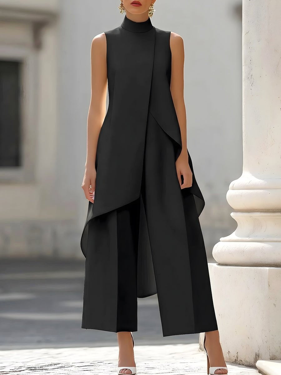 Brooke | Women's High-Neck Asymmetric Top Two-Piece Set, Wide-Leg Trouser Suit | Direct Attire | Rosa