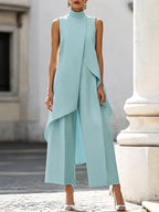 Brooke | Women's High-Neck Asymmetric Top Two-Piece Set, Wide-Leg Trouser Suit | Direct Attire