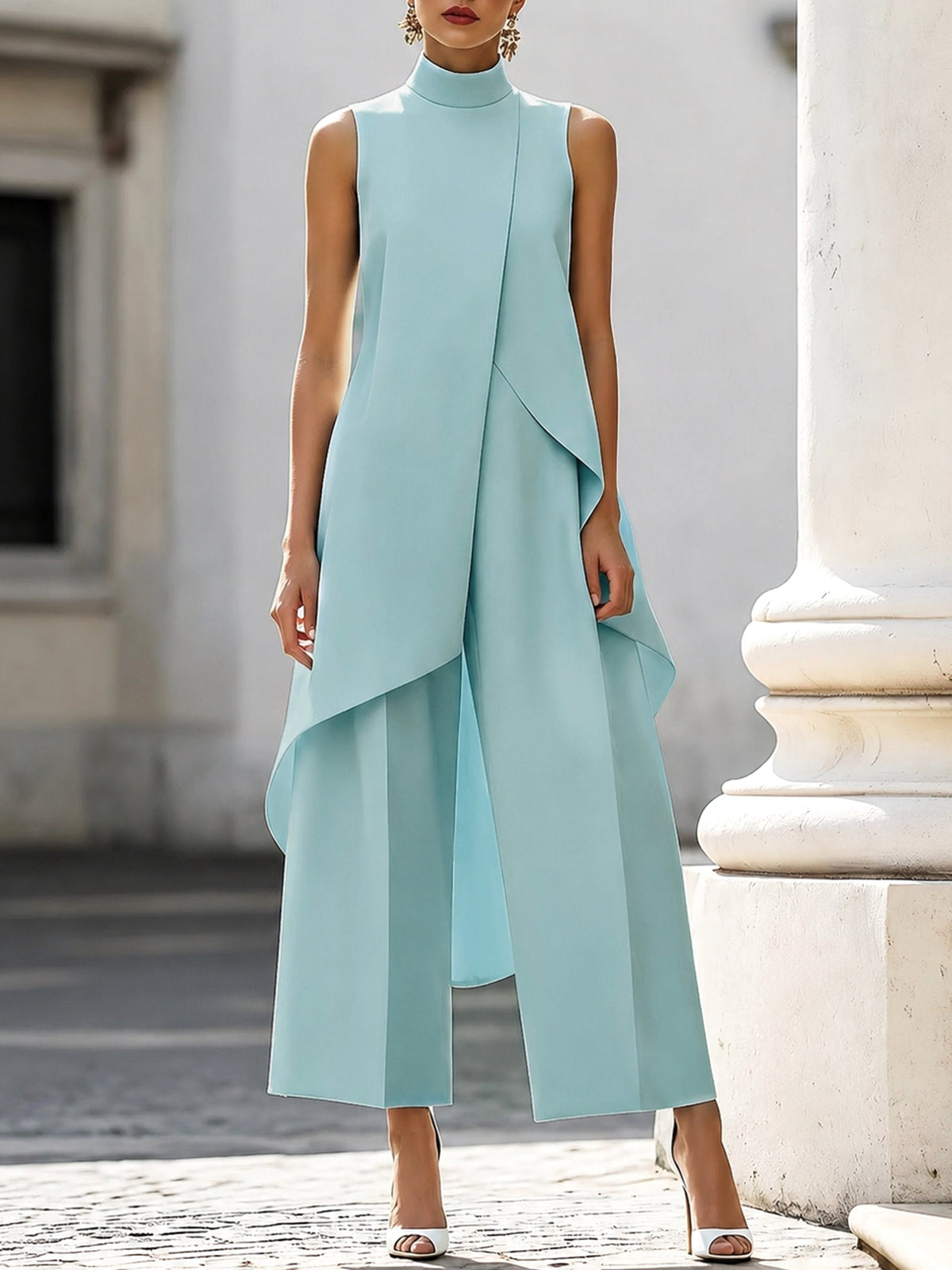 Brooke | Women's High-Neck Asymmetric Top Two-Piece Set, Wide-Leg Trouser Suit | Direct Attire