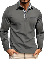 Callum | Men's Long-Sleeved Polo Shirt, Smart Check Collar Polo Shirt | Direct Attire | Grey