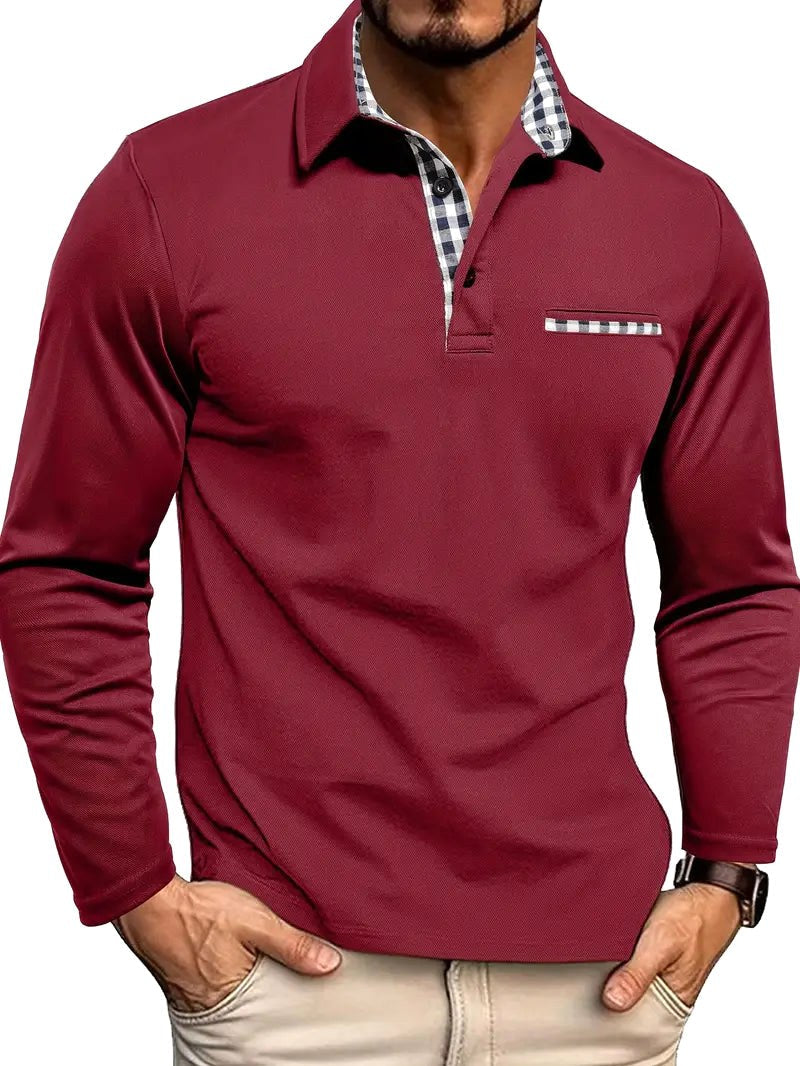 Callum | Men's Long-Sleeved Polo Shirt, Smart Check Collar Polo Shirt | Direct Attire | Bordeaux red