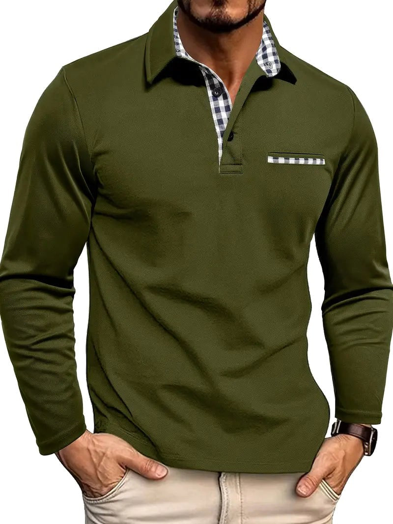Callum | Men's Long-Sleeved Polo Shirt, Smart Check Collar Polo Shirt | Direct Attire | Olive Green