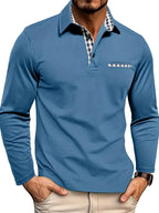 Callum | Men's Long-Sleeved Polo Shirt, Smart Check Collar Polo Shirt | Direct Attire | Light blue