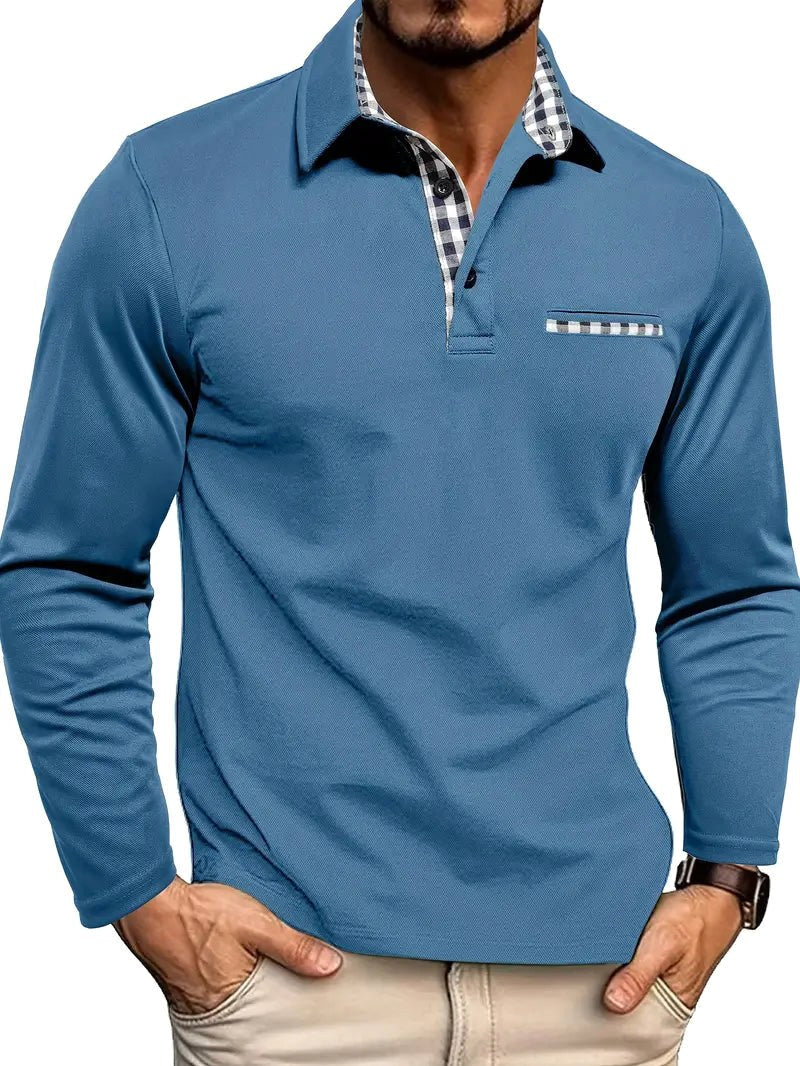 Callum | Men's Long-Sleeved Polo Shirt, Smart Check Collar Polo Shirt | Direct Attire | Light blue