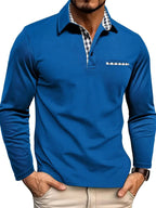Callum | Men's Long-Sleeved Polo Shirt, Smart Check Collar Polo Shirt | Direct Attire | Blue