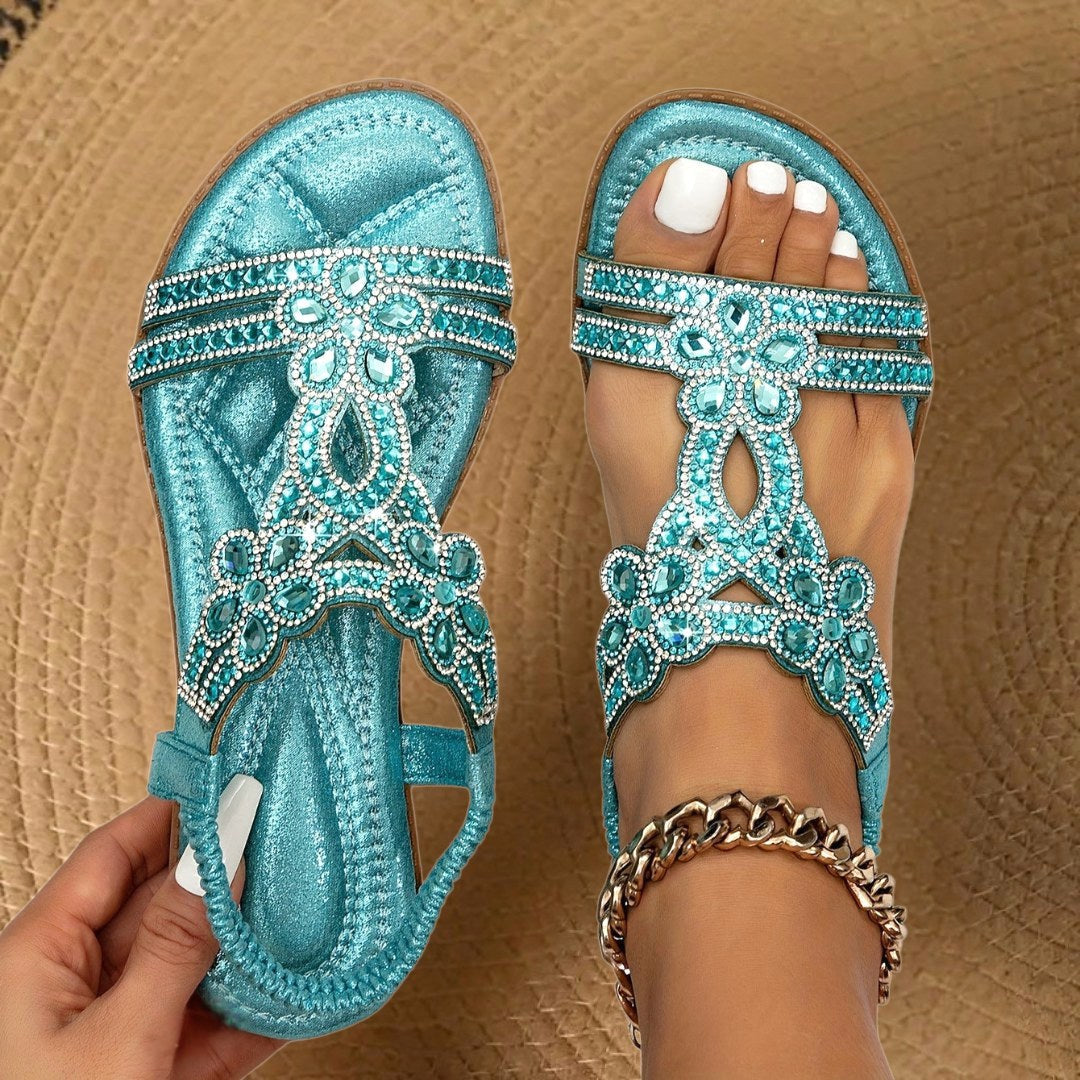 Carissa | Women's Orthopedic Flat Sandals with Rhinestone Details, Supportive Everyday Sandals | Direct Attire | Light Blue