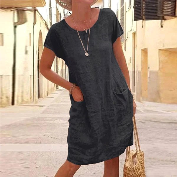 Caroline | Women's Cotton Linen Short Sleeve Midi Dress, Flattering Summer Dress for Holidays and Everyday Wear, Flattering Summer Dress for Holidays and Everyday Wear - Black
