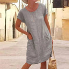 Caroline | Women's Cotton Linen Short Sleeve Midi Dress, Flattering Summer Dress for Holidays and Everyday Wear, Flattering Summer Dress for Holidays and Everyday Wear - Grey