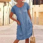 Caroline | Women's Cotton Linen Short Sleeve Midi Dress, Flattering Summer Dress for Holidays and Everyday Wear, Flattering Summer Dress for Holidays and Everyday Wear - Blue